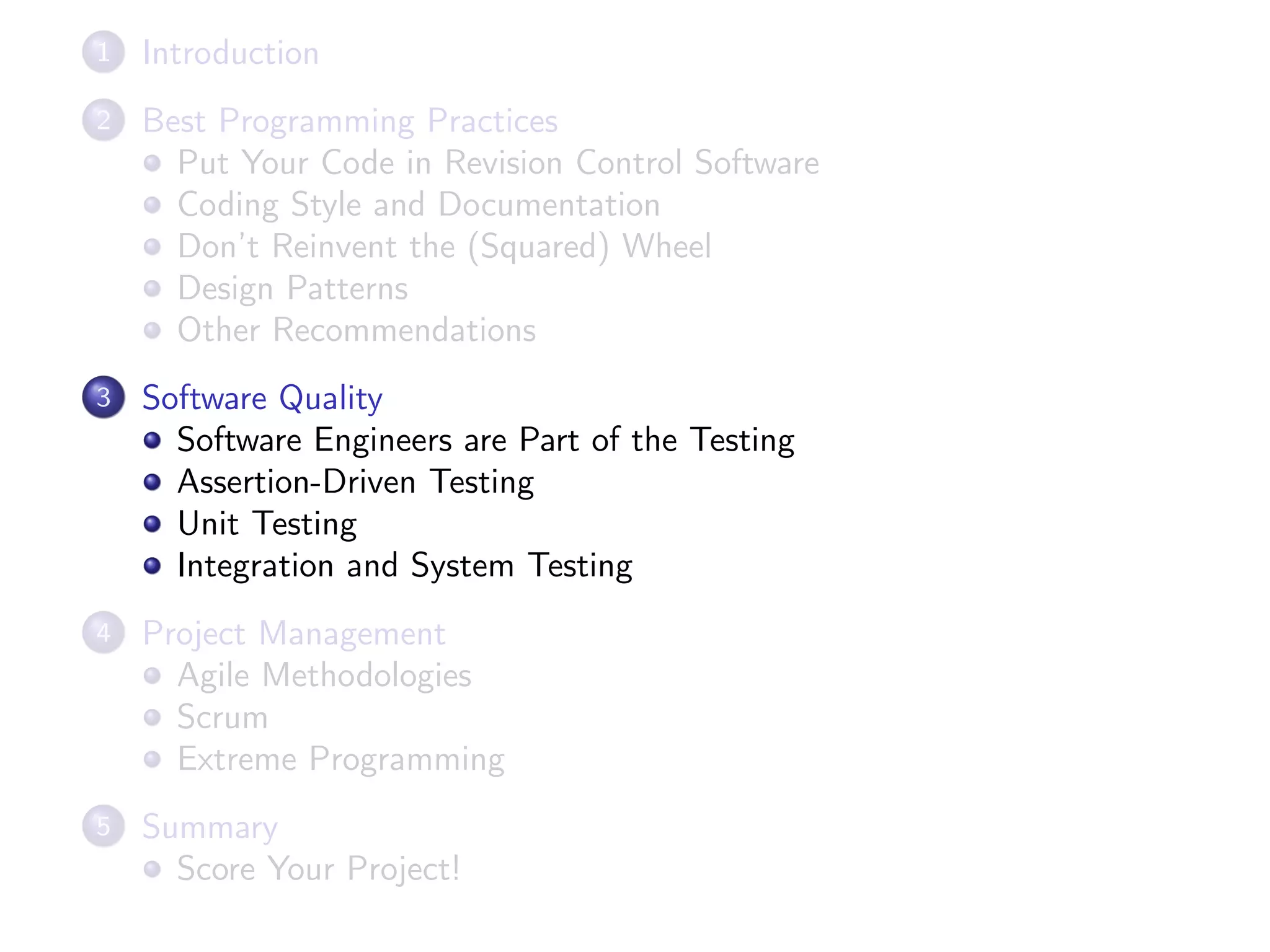1 Introduction
2 Best Programming Practices
Put Your Code in Revision Control Software
Coding Style and Documentation
Don’t Reinvent the (Squared) Wheel
Design Patterns
Other Recommendations
3 Software Quality
Software Engineers are Part of the Testing
Assertion-Driven Testing
Unit Testing
Integration and System Testing
4 Project Management
Agile Methodologies
Scrum
Extreme Programming
5 Summary
Score Your Project!
 
