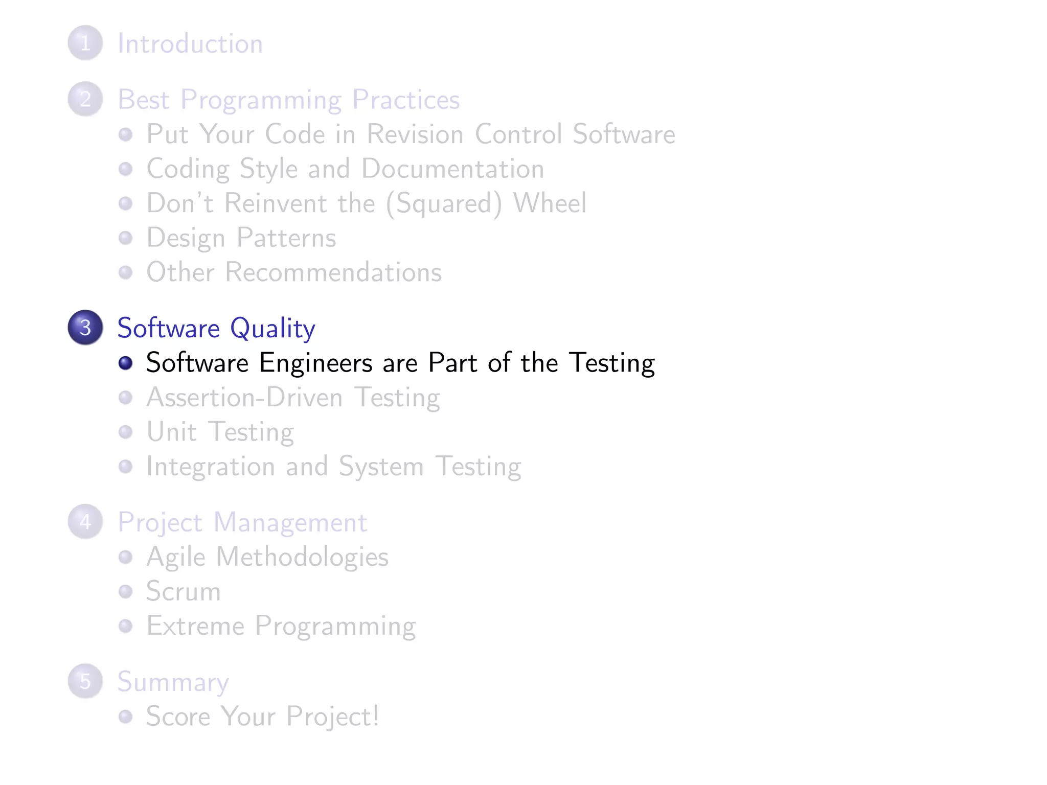 1 Introduction
2 Best Programming Practices
Put Your Code in Revision Control Software
Coding Style and Documentation
Don’t Reinvent the (Squared) Wheel
Design Patterns
Other Recommendations
3 Software Quality
Software Engineers are Part of the Testing
Assertion-Driven Testing
Unit Testing
Integration and System Testing
4 Project Management
Agile Methodologies
Scrum
Extreme Programming
5 Summary
Score Your Project!
 