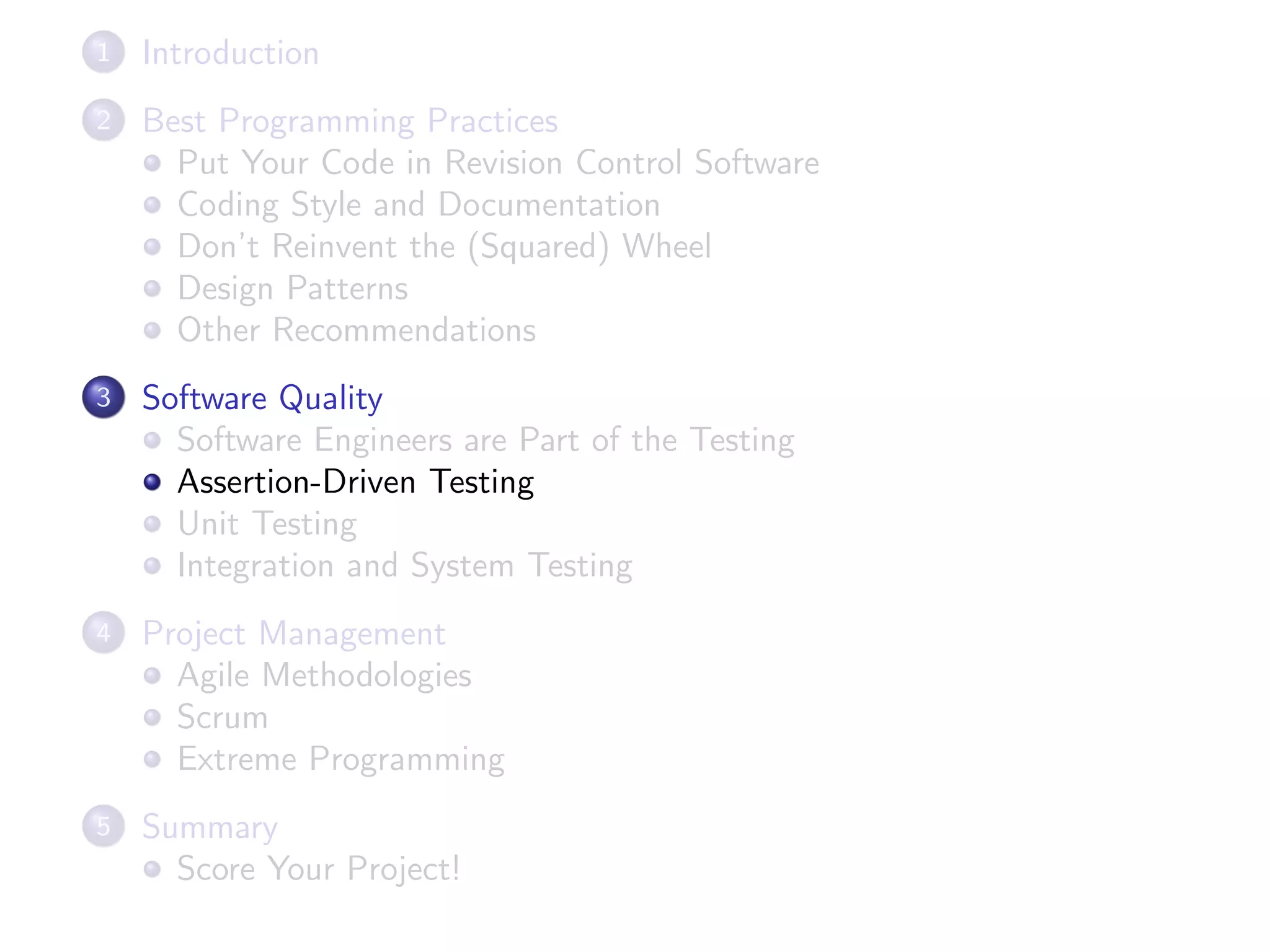 1 Introduction
2 Best Programming Practices
Put Your Code in Revision Control Software
Coding Style and Documentation
Don’t Reinvent the (Squared) Wheel
Design Patterns
Other Recommendations
3 Software Quality
Software Engineers are Part of the Testing
Assertion-Driven Testing
Unit Testing
Integration and System Testing
4 Project Management
Agile Methodologies
Scrum
Extreme Programming
5 Summary
Score Your Project!
 