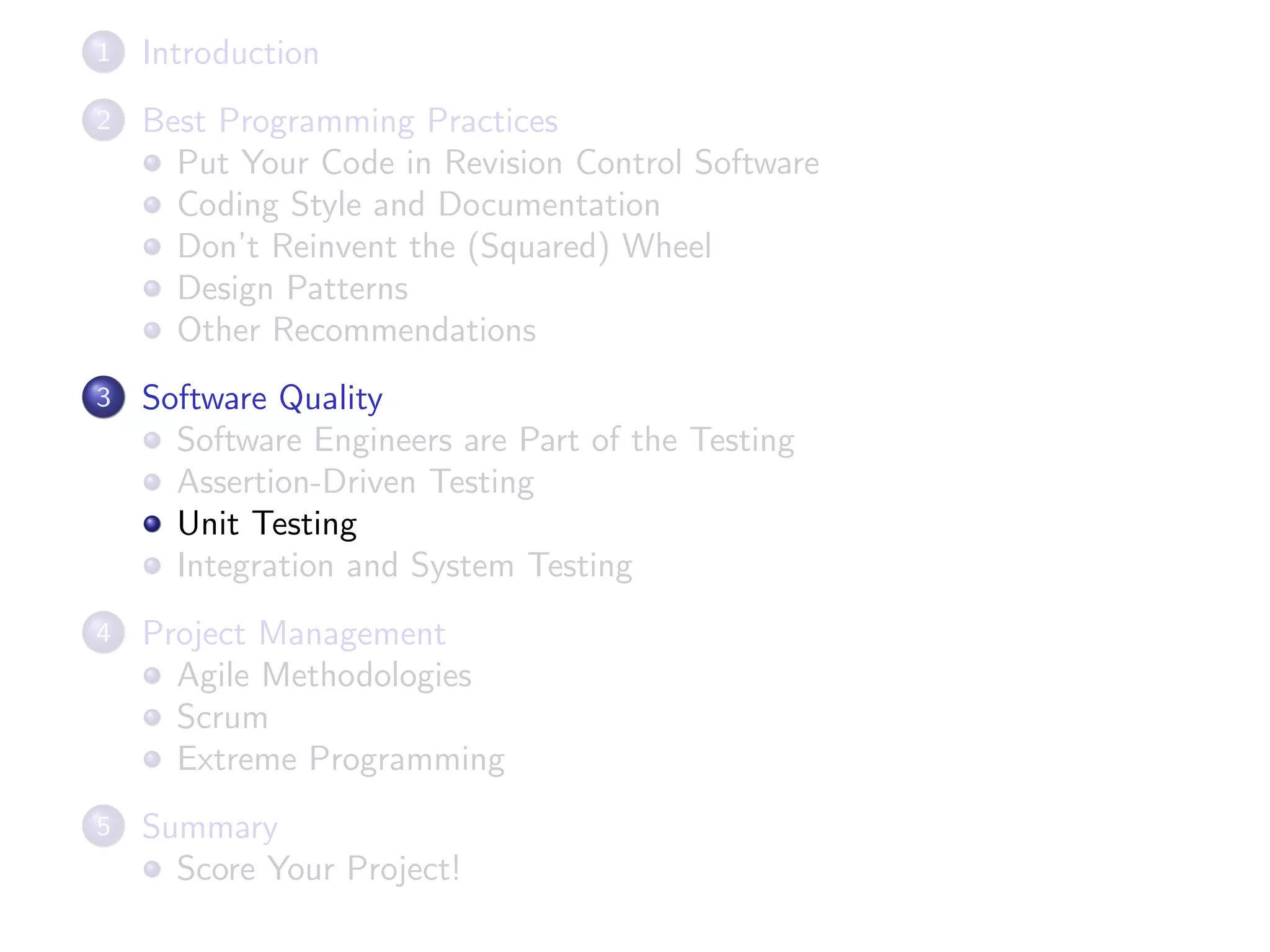 1 Introduction
2 Best Programming Practices
Put Your Code in Revision Control Software
Coding Style and Documentation
Don’t Reinvent the (Squared) Wheel
Design Patterns
Other Recommendations
3 Software Quality
Software Engineers are Part of the Testing
Assertion-Driven Testing
Unit Testing
Integration and System Testing
4 Project Management
Agile Methodologies
Scrum
Extreme Programming
5 Summary
Score Your Project!
 