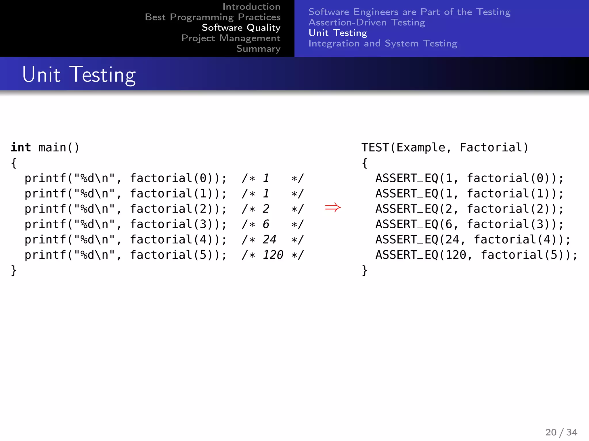 Introduction
Best Programming Practices
Software Quality
Project Management
Summary
Software Engineers are Part of the Testing
Assertion-Driven Testing
Unit Testing
Integration and System Testing
Unit Testing
int main()
{
printf("%dn", factorial(0)); /* 1 */
printf("%dn", factorial(1)); /* 1 */
printf("%dn", factorial(2)); /* 2 */
printf("%dn", factorial(3)); /* 6 */
printf("%dn", factorial(4)); /* 24 */
printf("%dn", factorial(5)); /* 120 */
}
⇒
TEST(Example, Factorial)
{
ASSERT_EQ(1, factorial(0));
ASSERT_EQ(1, factorial(1));
ASSERT_EQ(2, factorial(2));
ASSERT_EQ(6, factorial(3));
ASSERT_EQ(24, factorial(4));
ASSERT_EQ(120, factorial(5));
}
20 / 34
 