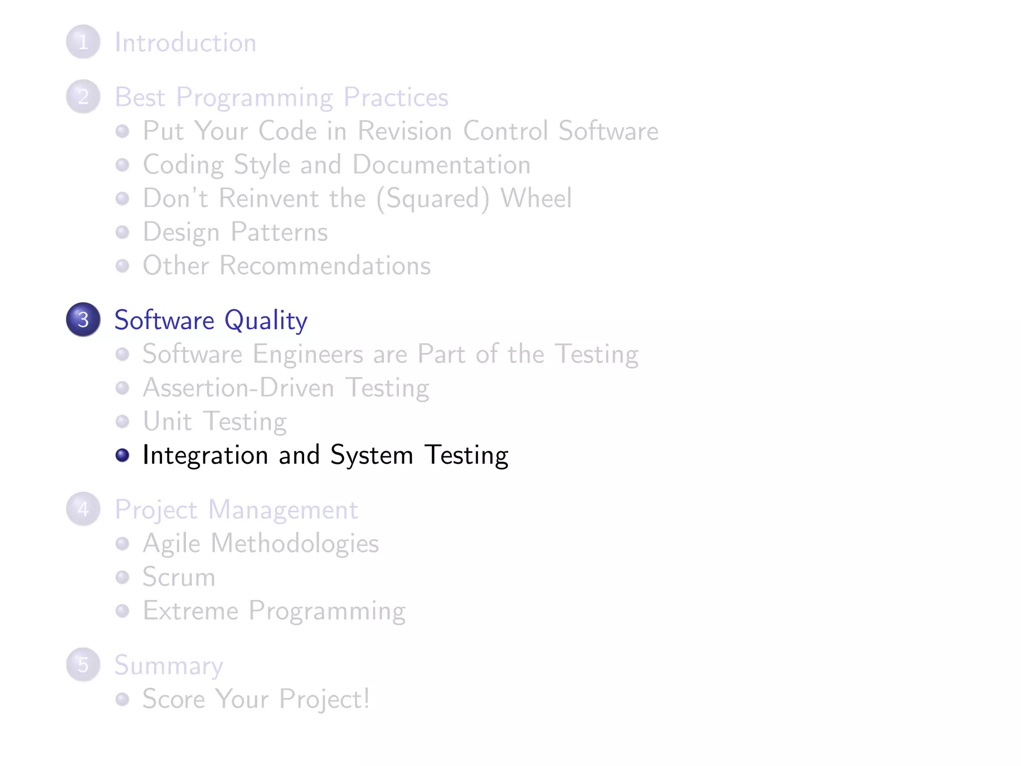 1 Introduction
2 Best Programming Practices
Put Your Code in Revision Control Software
Coding Style and Documentation
Don’t Reinvent the (Squared) Wheel
Design Patterns
Other Recommendations
3 Software Quality
Software Engineers are Part of the Testing
Assertion-Driven Testing
Unit Testing
Integration and System Testing
4 Project Management
Agile Methodologies
Scrum
Extreme Programming
5 Summary
Score Your Project!
 