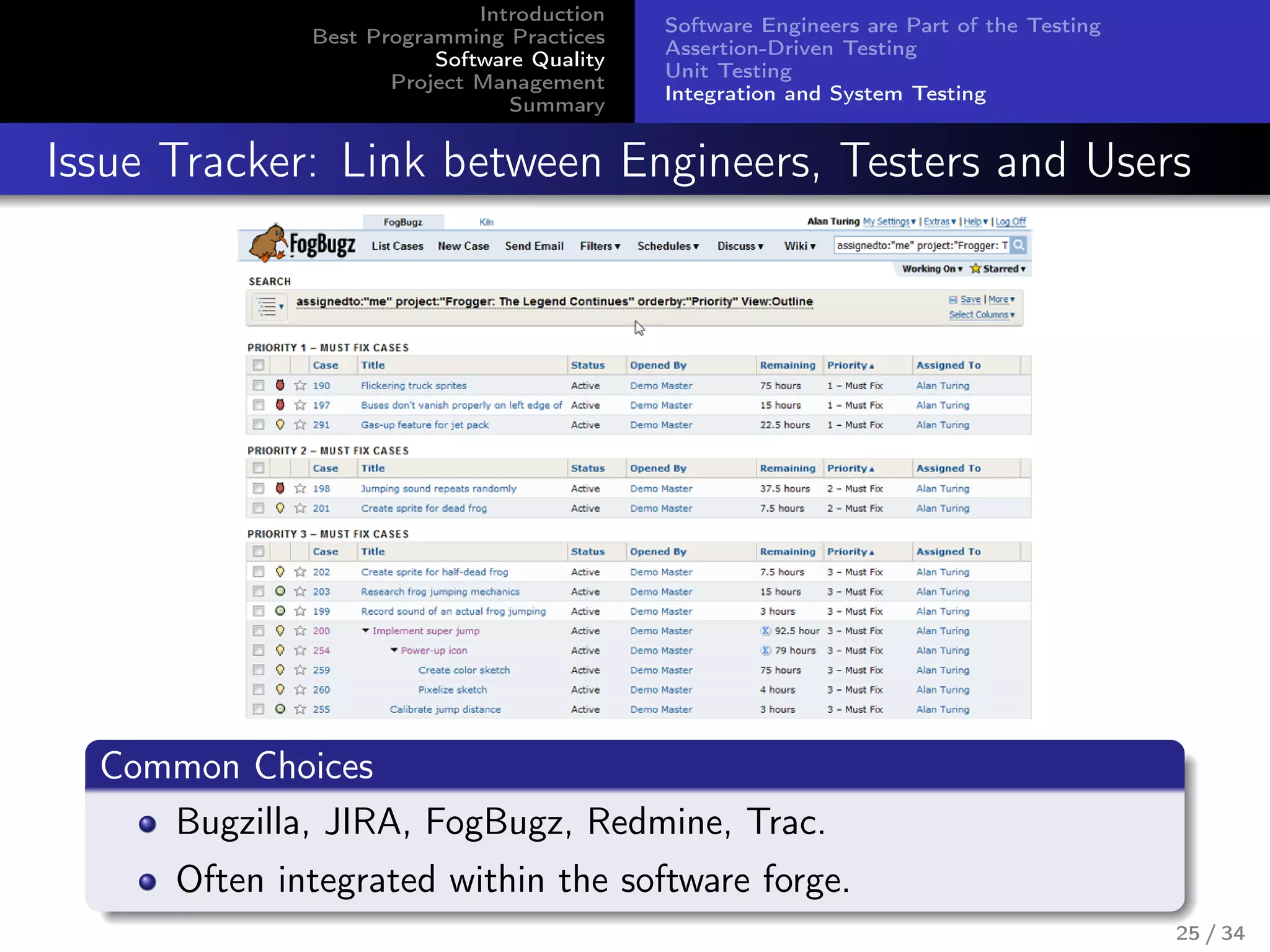 Introduction
Best Programming Practices
Software Quality
Project Management
Summary
Software Engineers are Part of the Testing
Assertion-Driven Testing
Unit Testing
Integration and System Testing
Issue Tracker: Link between Engineers, Testers and Users
Common Choices
Bugzilla, JIRA, FogBugz, Redmine, Trac.
Often integrated within the software forge.
25 / 34
 