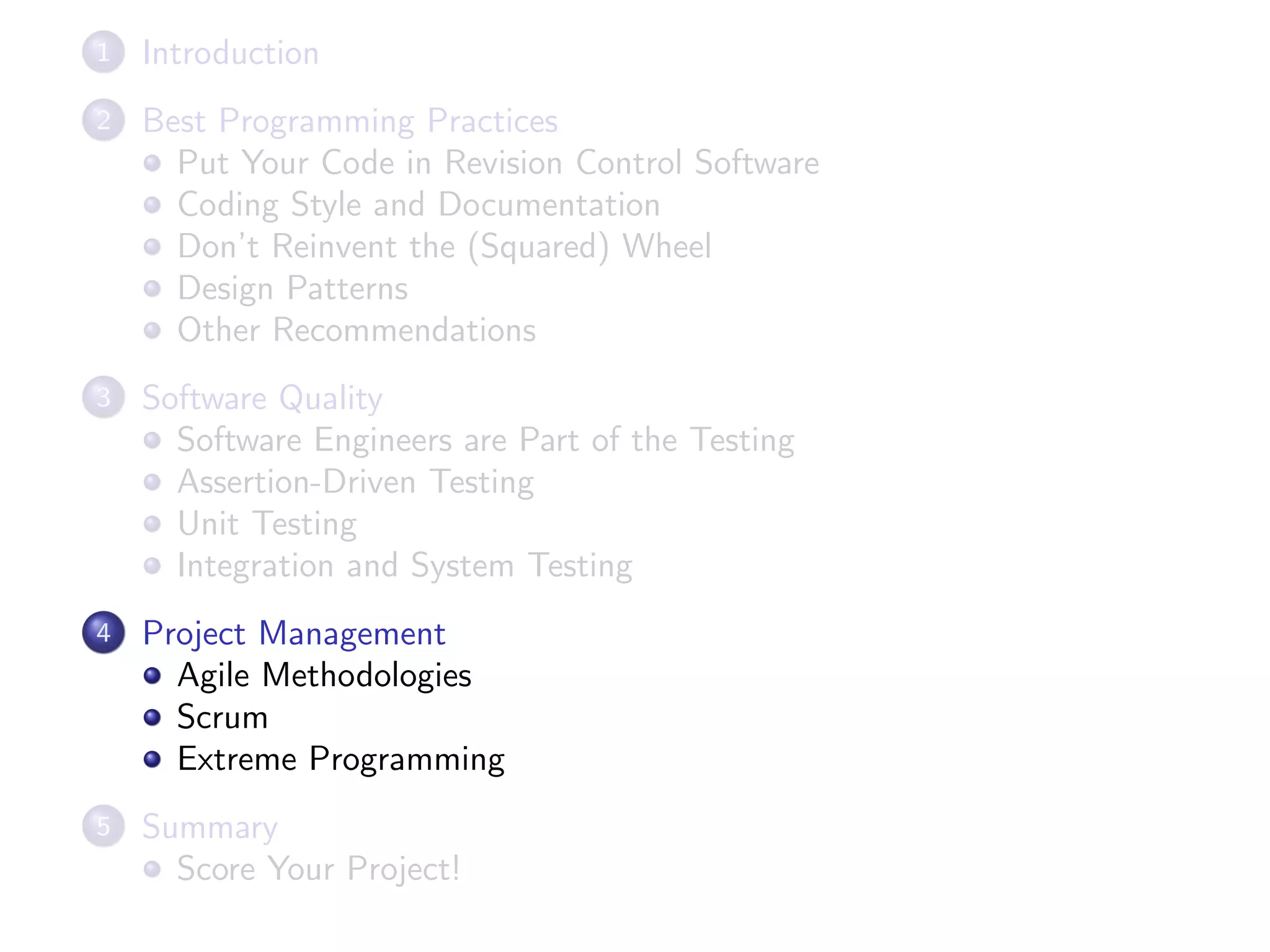 1 Introduction
2 Best Programming Practices
Put Your Code in Revision Control Software
Coding Style and Documentation
Don’t Reinvent the (Squared) Wheel
Design Patterns
Other Recommendations
3 Software Quality
Software Engineers are Part of the Testing
Assertion-Driven Testing
Unit Testing
Integration and System Testing
4 Project Management
Agile Methodologies
Scrum
Extreme Programming
5 Summary
Score Your Project!
 