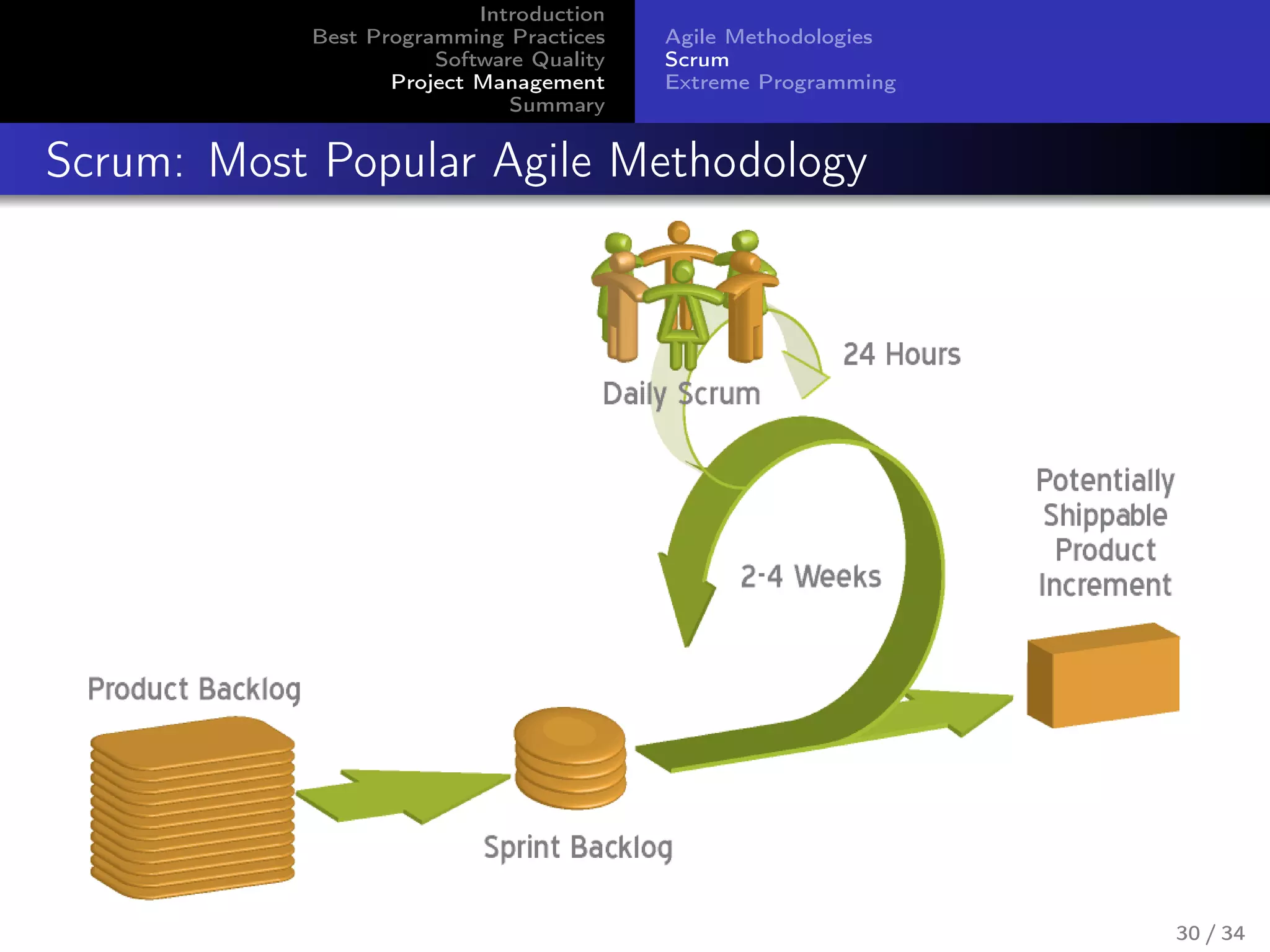 Introduction
Best Programming Practices
Software Quality
Project Management
Summary
Agile Methodologies
Scrum
Extreme Programming
Scrum: Most Popular Agile Methodology
30 / 34
 