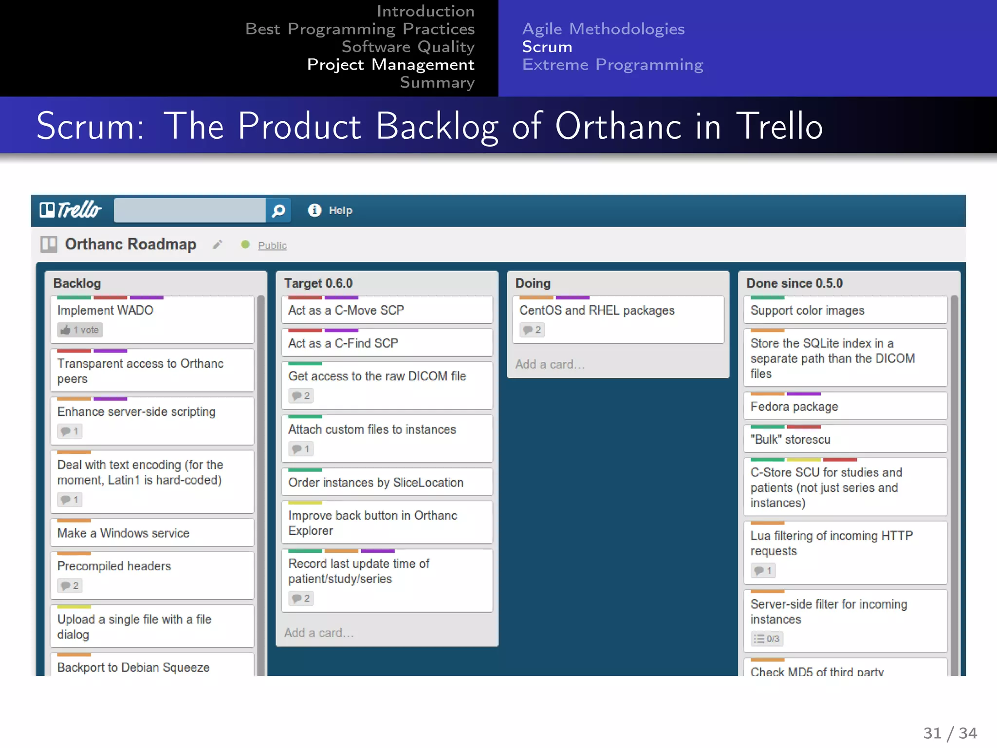 Introduction
Best Programming Practices
Software Quality
Project Management
Summary
Agile Methodologies
Scrum
Extreme Programming
Scrum: The Product Backlog of Orthanc in Trello
31 / 34
 