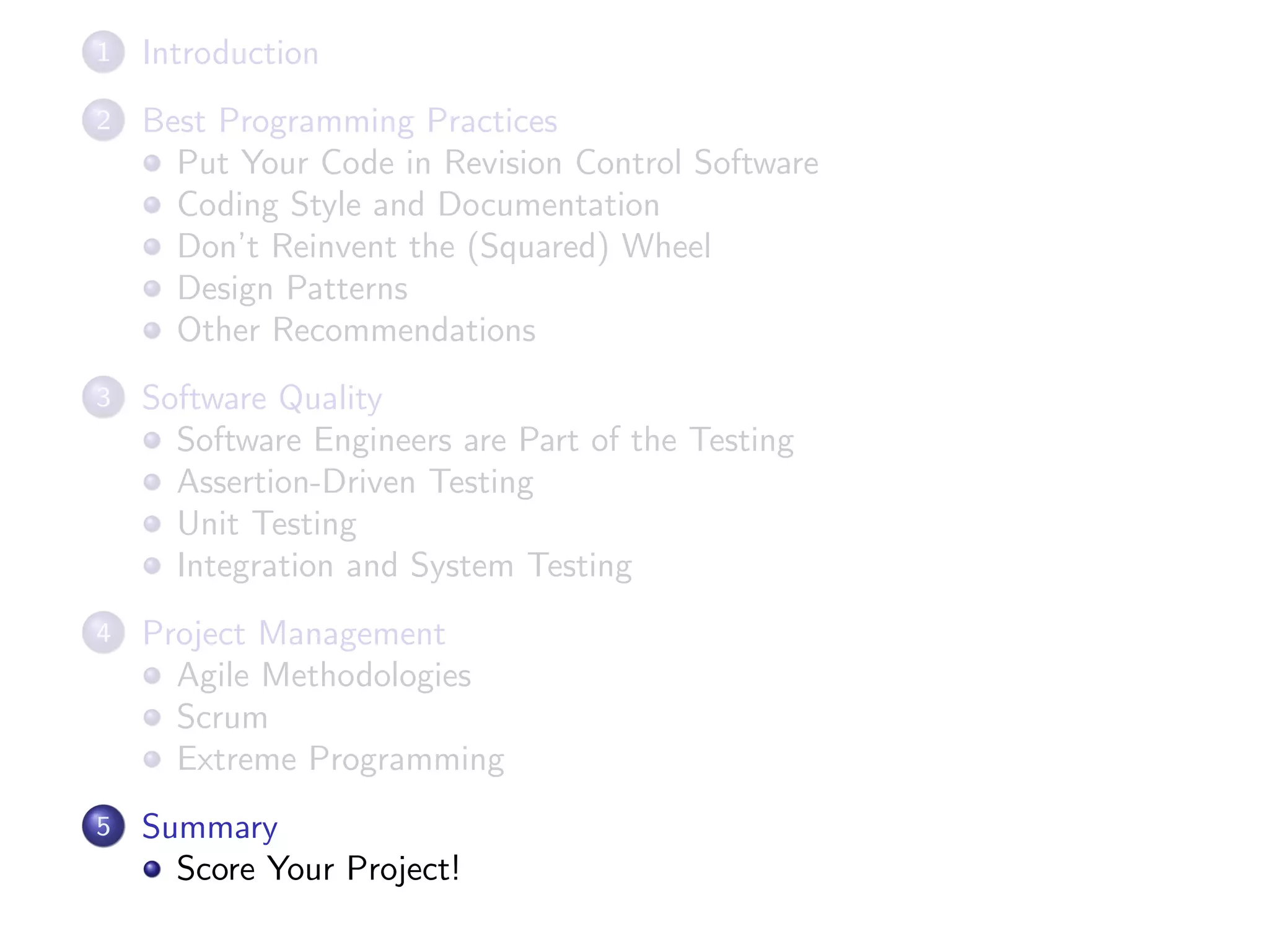 1 Introduction
2 Best Programming Practices
Put Your Code in Revision Control Software
Coding Style and Documentation
Don’t Reinvent the (Squared) Wheel
Design Patterns
Other Recommendations
3 Software Quality
Software Engineers are Part of the Testing
Assertion-Driven Testing
Unit Testing
Integration and System Testing
4 Project Management
Agile Methodologies
Scrum
Extreme Programming
5 Summary
Score Your Project!
 