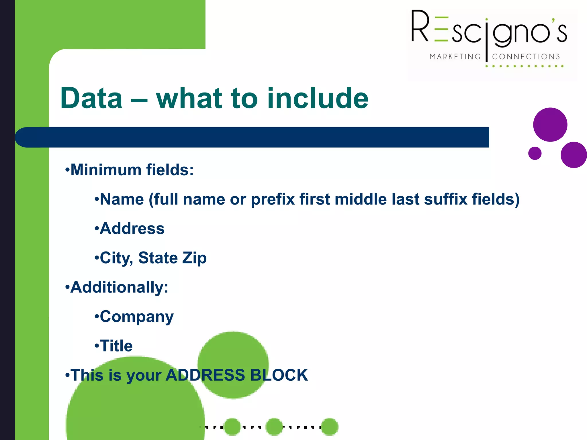 Data – what to include
•Minimum fields:
•Name (full name or prefix first middle last suffix fields)
•Address
•City, State Zip
•Additionally:
•Company
•Title
•This is your ADDRESS BLOCK
 