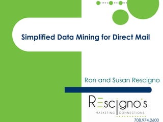 Simplified Data Mining for Direct Mail
Ron and Susan Rescigno
708.974.2600
 
