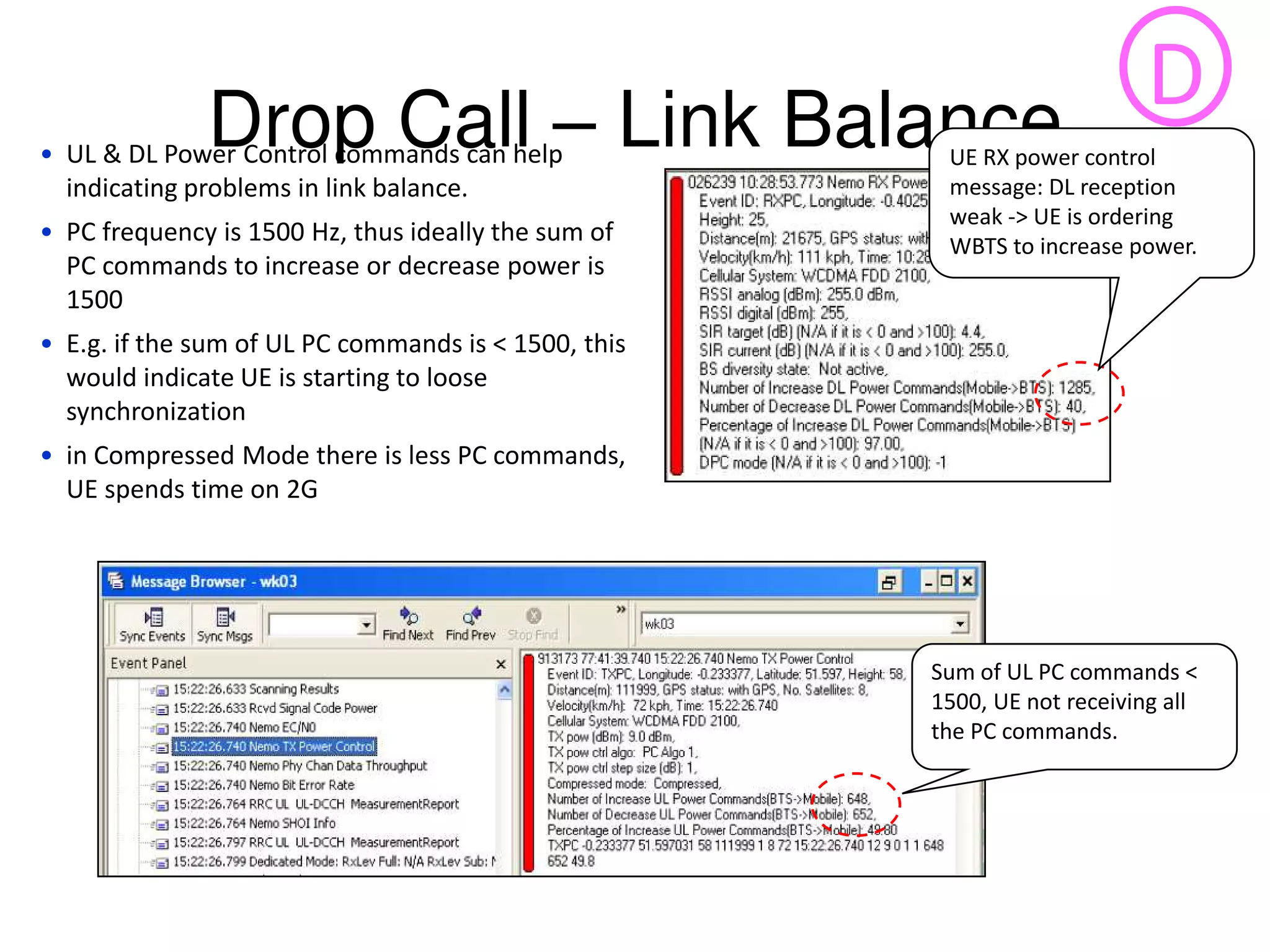 Drop Call – Link Balance• UL & DL Power Control commands can help
indicating problems in link balance.
• PC frequency is 1500 Hz, thus ideally the sum of
PC commands to increase or decrease power is
1500
• E.g. if the sum of UL PC commands is < 1500, this
would indicate UE is starting to loose
synchronization
• in Compressed Mode there is less PC commands,
UE spends time on 2G
UE RX power control
message: DL reception
weak -> UE is ordering
WBTS to increase power.
Sum of UL PC commands <
1500, UE not receiving all
the PC commands.
D
 