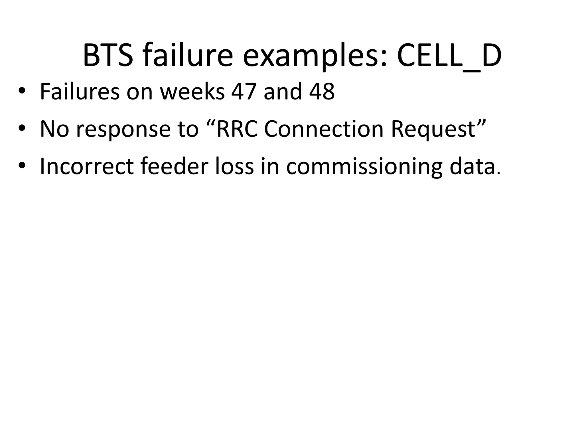 BTS failure examples: CELL_D
• Failures on weeks 47 and 48
• No espo se to ‘‘C Co e tio ‘e uest
• Incorrect feeder loss in commissioning data.
 