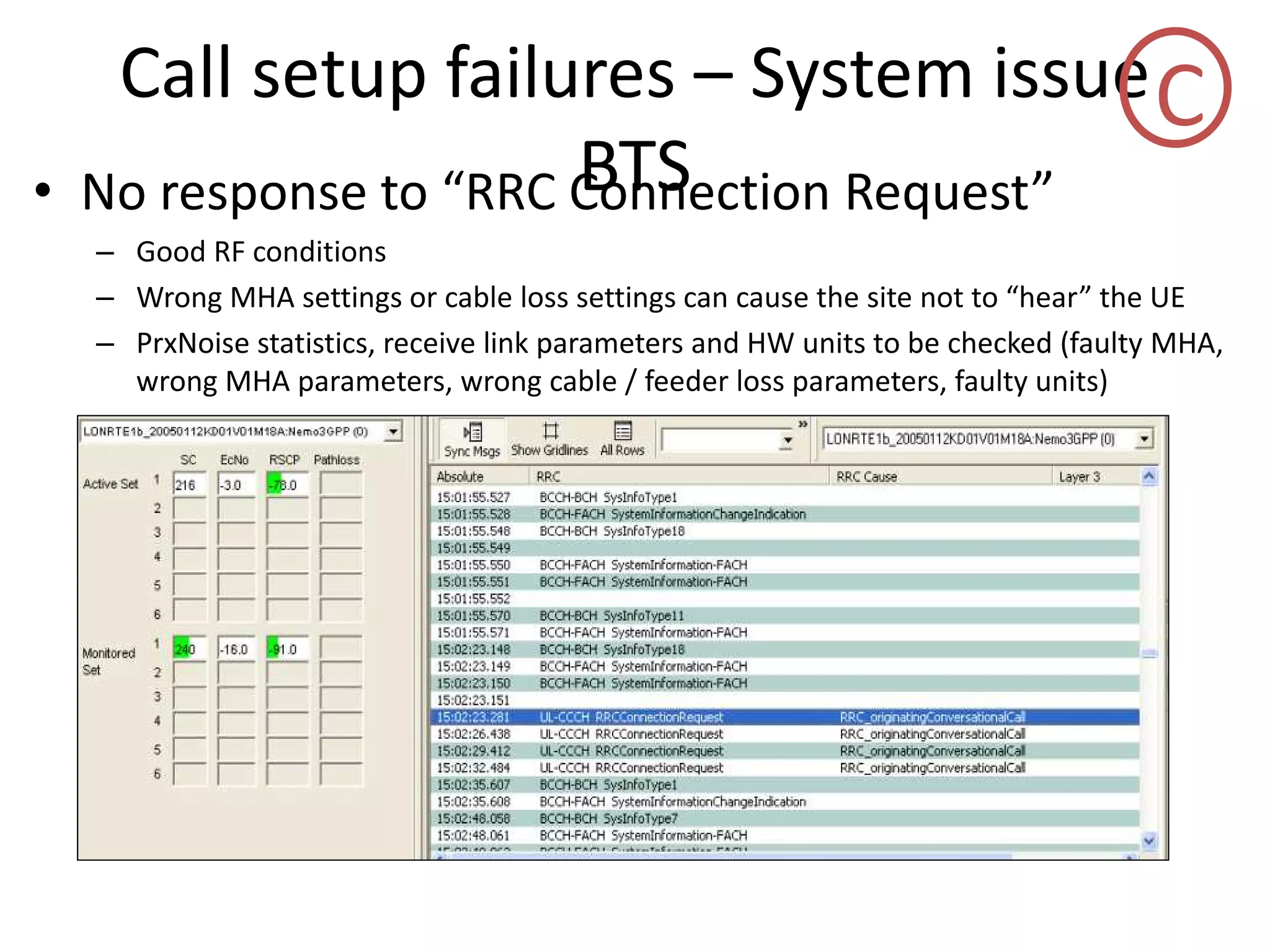 Call setup failures – System issue
BTS• No espo se to ‘‘C Co e tio ‘e uest
– Good RF conditions
– W o g MHA setti gs o a le loss setti gs a ause the site ot to hea the UE
– PrxNoise statistics, receive link parameters and HW units to be checked (faulty MHA,
wrong MHA parameters, wrong cable / feeder loss parameters, faulty units)
C
 