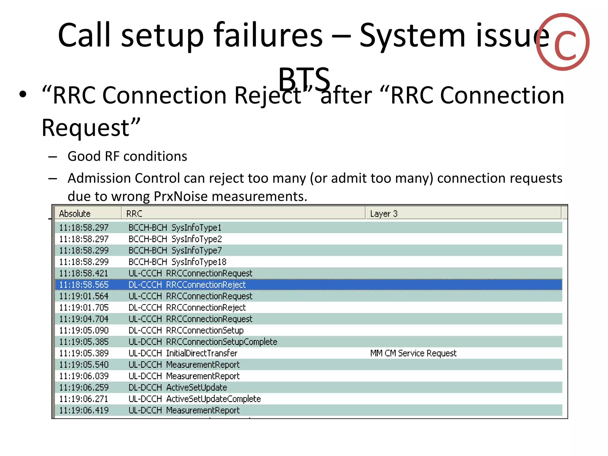 Call setup failures – System issue
BTS• ‘‘C Co e tio ‘eje t afte ‘‘C Co e tio
‘e uest
– Good RF conditions
– Admission Control can reject too many (or admit too many) connection requests
due to wrong PrxNoise measurements.
– PrxNoise statistics, receive link parameters and HW units to be checked
C
 