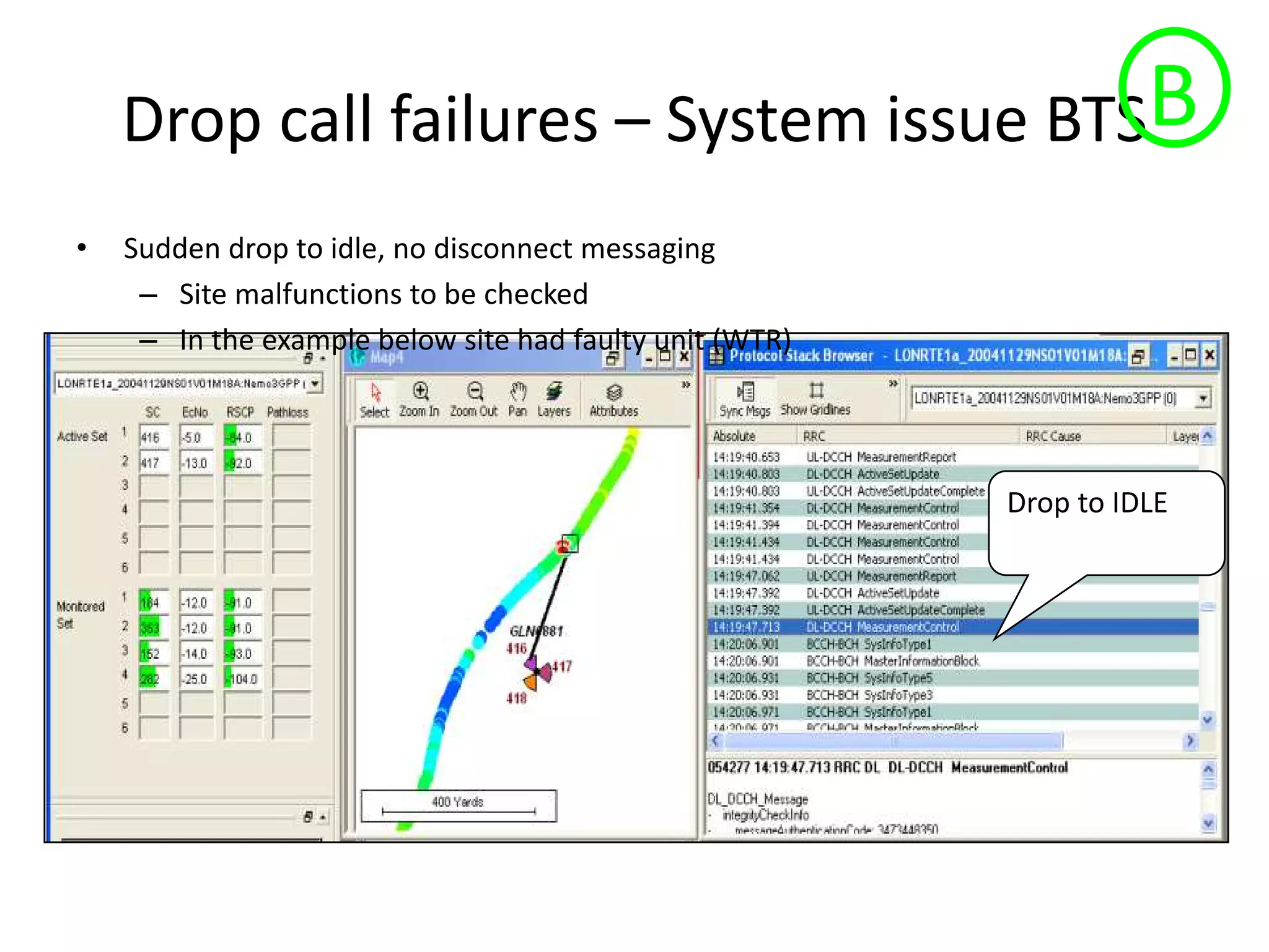 Drop call failures – System issue BTS
Drop to IDLE
B
• Sudden drop to idle, no disconnect messaging
– Site malfunctions to be checked
– In the example below site had faulty unit (WTR)
 