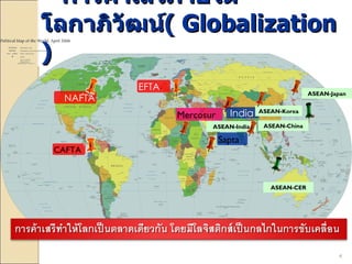 การค้าเสรีภายใต้โลกาภิวัฒน์ (  Globalization ) EFTA NAFTA CAFTA India Sapta ASEAN-India ASEAN-China ASEAN-Japan ASEAN-CER ASEAN-Korea Mercosur 