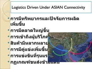 Logistics Driven Under ASIAN Connectivity  การมีทรัพยากรและปัจจัยการผลิตเพิ่มขึ้น  การมีตลาดใหญ่ขึ้น การเข้าถึงผู้บริโภคง่ายขึ้น สินค้ามีหลากหลายมากขึ้น การมีคู่แข่งเพิ่มขึ้น การแข่งขันที่รุนแรงมากขึ้น กฏเกณฑ์ขนส่งข้ามแดน 