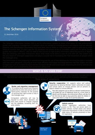 Migration and
Home Affairs
The Schengen Information System
21 December 2016
The Schengen Information System (SIS) is an EU information system to share information for law enforcement,
border and migration management. It contains alerts on wanted or missing persons and objects such as vehicles,
firearms, and identification documents that have been lost or stolen or may have been used to carry out a crime.
Since its creation over 15 years ago the SIS database has proven to be an incredibly useful tool for police, border
guards and customs officers - who all need to have access to high quality information about the persons or objects
they are checking, with clear instructions about what needs to be done in case of a hit with SIS. The system is at
the very heart of Schengen cooperation and plays a crucial role in facilitating the free movement of people within
the Schengen area.
The Commission is now proposing to extend and improve the use of this database by enriching the data it contains
with new alert categories, ensuring an even more efficient information exchange between Member States and with
EU Agencies such as Europol, Eurojust and the European Border and Coast Guard, improving the end-to-end security
of the system and strengthening data protection safeguards.
WHAT IS SIS USED FOR?
The main purpose of SIS is to help preserve internal security and improve border and migration management in
the Schengen area by locating wanted persons and stolen objects and taking the necessary measures.
Three areas of competence:
Border and migration management:
SIS enables border guards and migration
authorities to enter and consult alerts on
third-country nationals for the purpose
of verifying their right to enter or stay in
the Schengen Area.
Security cooperation: SIS supports police and judicial
cooperation by allowing Member States’ authorities to create
and consult alerts on missing persons and on persons or
objects related to criminal offences.
SIS
ALERT
SIS
Registration card
Vehicle control:
Vehicle registration authorities have
access to SIS. They can access alerts on
stolen vehicles, number plates and vehicle
registration documents in order to check the
legal status of vehicles presented to them
for registration.
Newalertcategoriessuchasalertsonunknownwantedpersons
will enable the use of fingerprints found at a crime scene to
identify and find people. Law enforcement officers will also for
the first time be able to issue preventive alerts for children in
cases when there is a high risk of parental abduction.Immigration authorities will now be
required to enter return decisions and
entry bans issued to irregular migrants
into the database, increasing their EU-
wide visibility.
NEW
NEW
 
