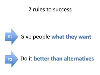 Give people what they want
2 rules to success
Do it better than alternatives
#1
#2
 