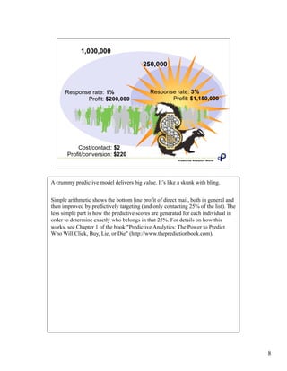 8
A crummy predictive model delivers big value. It’s like a skunk with bling.
Simple arithmetic shows the bottom line profit of direct mail, both in general and
then improved by predictively targeting (and only contacting 25% of the list). The
less simple part is how the predictive scores are generated for each individual in
order to determine exactly who belongs in that 25%. For details on how this
works, see Chapter 1 of the book "Predictive Analytics: The Power to Predict
Who Will Click, Buy, Lie, or Die" (http://www.thepredictionbook.com).
 