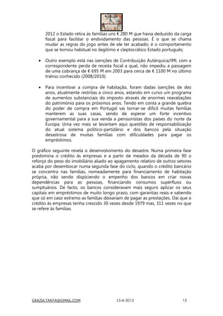 GRAZIA.TANTA@GMAIL.COM 13-6-2013 13
2012 o Estado retira às famílias uns € 280 M que havia deduzido da carga
fiscal para facilitar o endividamento das pessoas. É o que se chama
mudar as regras do jogo antes de ele ter acabado; é o comportamento
que se tornou habitual no ilegítimo e cleptocrático Estado português;
• Outro exemplo está nas isenções de Contribuição Autárquica/IMI, com a
correspondente perda de receita fiscal a qual, não impediu a passagem
de uma cobrança de € 695 M em 2003 para cerca de € 1100 M no último
triénio conhecido (2008/2010);
• Para incentivar a compra de habitação, foram dadas isenções de dez
anos, atualmente restritas a cinco anos, estando em curso um programa
de aumentos substanciais do imposto através de enormes reavaliações
do património para os próximos anos. Tendo em conta a grande quebra
do poder de compra em Portugal vai tornar-se difícil muitas famílias
manterem as suas casas, sendo de esperar um forte incentivo
governamental para a sua venda a pensionistas dos países do norte da
Europa. Uma vez mais se levantam aqui questões de responsabilização
do atual sistema político-partidário e dos bancos pela situação
desastrosa de muitas famílias com dificuldades para pagar os
empréstimos.
O gráfico seguinte revela o desenvolvimento do desastre. Numa primeira fase
predomina o crédito às empresas e a partir de meados da década de 90 o
reforço do peso do imobiliário aliado ao apagamento relativo de outros setores
acaba por desembocar numa segunda fase do ciclo, quando o crédito bancário
se concentra nas famílias, nomeadamente para financiamento de habitação
própria, não sendo dispiciendo o empenho dos bancos em criar novas
dependências para as pessoas, financiando consumos supérfluos ou
sumptuários. De facto, os bancos consideravam mais seguro aplicar os seus
capitais em empréstimos de muito longo prazo, com garantias reais e sabendo
que só em caso extremo as famílias deixariam de pagar as prestações. Daí que o
crédito às empresas tenha crescido 30 vezes desde 1979 mas, 311 vezes no que
se refere às famílias.
 