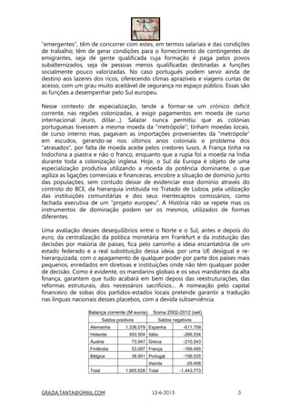 GRAZIA.TANTA@GMAIL.COM 13-6-2013 3
“emergentes”, têm de concorrer com estes, em termos salariais e das condições
de trabalho; têm de gerar condições para o fornecimento de contingentes de
emigrantes, seja de gente qualificada cuja formação é paga pelos povos
subalternizados, seja de pessoas menos qualificadas destinadas a funções
socialmente pouco valorizadas. No caso português podem servir ainda de
destino aos lazeres dos ricos, oferecendo climas aprazíveis e viagens curtas de
acesso, com um grau muito aceitável de segurança no espaço público. Essas são
as funções a desempenhar pelo Sul europeu.
Nesse contexto de especialização, tende a formar-se um crónico deficit
corrente, nas regiões colonizadas, a exigir pagamentos em moeda de curso
internacional (euro, dólar…). Salazar nunca permitiu que as colónias
portuguesas tivessem a mesma moeda da “metrópole”; tinham moedas locais,
de curso interno mas, pagavam as importações provenientes da “metrópole”
em escudos, gerando-se nos últimos anos coloniais o problema dos
“atrasados”, por falta de moeda aceite pelos credores lusos. A França tinha na
Indochina a piastra e não o franco, enquanto que a rupia foi a moeda na Índia
durante toda a colonização inglesa. Hoje, o Sul da Europa é objeto de uma
especialização produtiva utilizando a moeda da potência dominante, o que
agiliza as ligações comerciais e financeiras, encobre a situação de domínio junto
das populações, sem contudo deixar de evidenciar esse domínio através do
controlo do BCE, da hierarquia instituída no Tratado de Lisboa, pela utilização
das instituições comunitárias e dos seus mentecaptos comissários, como
fachada executiva de um “projeto europeu”. A História não se repete mas os
instrumentos de dominação podem ser os mesmos, utilizados de formas
diferentes.
Uma avaliação desses desequilíbrios entre o Norte e o Sul, antes e depois do
euro, da centralização da política monetária em Frankfurt e da instituição das
decisões por maioria de países, fica pelo caminho a ideia encantatória de um
estado federado e a real substituição dessa ideia, por uma UE desigual e re-
hierarquizada, com o apagamento de qualquer poder por parte dos países mais
pequenos, enredados em diretivas e instituições onde não têm qualquer poder
de decisão. Como é evidente, os mandarins globais e os seus mandantes da alta
finança, garantem que tudo acabará em bem depois das reestruturações, das
reformas estruturais, dos necessários sacrifícios… A nomeação pelo capital
financeiro de sobas dos partidos-estados locais pretende garantir a tradução
nas línguas nacionais desses placebos, com a devida subserviência.
Balança corrente (M euros) Soma 2002-2012 (set)
Saldos positivos Saldos negativos
Alemanha 1.336.079 Espanha -611.758
Holanda 403.504 Itália -266.534
Áustria 73.947 Grécia -210.543
Finlândia 53.097 França -169.495
Bélgica 38.901 Portugal -156.035
Irlanda -29.408
Total 1.905.528 Total -1.443.773
 