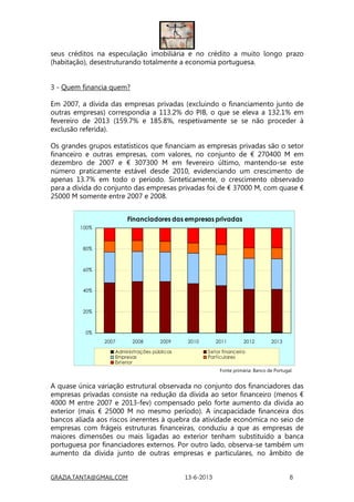 GRAZIA.TANTA@GMAIL.COM 13-6-2013 8
seus créditos na especulação imobiliária e no crédito a muito longo prazo
(habitação), desestruturando totalmente a economia portuguesa.
3 - Quem financia quem?
Em 2007, a dívida das empresas privadas (excluindo o financiamento junto de
outras empresas) correspondia a 113.2% do PIB, o que se eleva a 132.1% em
fevereiro de 2013 (159.7% e 185.8%, respetivamente se se não proceder à
exclusão referida).
Os grandes grupos estatísticos que financiam as empresas privadas são o setor
financeiro e outras empresas, com valores, no conjunto de € 270400 M em
dezembro de 2007 e € 307300 M em fevereiro último, mantendo-se este
número praticamente estável desde 2010, evidenciando um crescimento de
apenas 13.7% em todo o período. Sinteticamente, o crescimento observado
para a dívida do conjunto das empresas privadas foi de € 37000 M, com quase €
25000 M somente entre 2007 e 2008.
Financiadores das empresas privadas
0%
20%
40%
60%
80%
100%
2007 2008 2009 2010 2011 2012 2013
Administrações públicas Setor financeiro
Empresas Particulares
Exterior
Fonte primária: Banco de Portugal
A quase única variação estrutural observada no conjunto dos financiadores das
empresas privadas consiste na redução da dívida ao setor financeiro (menos €
4000 M entre 2007 e 2013-fev) compensado pelo forte aumento da dívida ao
exterior (mais € 25000 M no mesmo período). A incapacidade financeira dos
bancos aliada aos riscos inerentes à quebra da atividade económica no seio de
empresas com frágeis estruturas financeiras, conduziu a que as empresas de
maiores dimensões ou mais ligadas ao exterior tenham substituído a banca
portuguesa por financiadores externos. Por outro lado, observa-se também um
aumento da dívida junto de outras empresas e particulares, no âmbito de
 