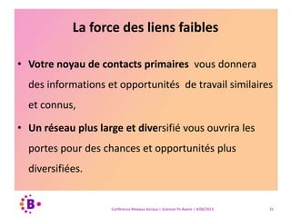 La force des liens faibles
• Votre noyau de contacts primaires vous donnera
des informations et opportunités de travail similaires
et connus,
• Un réseau plus large et diversifié vous ouvrira les
portes pour des chances et opportunités plus
diversifiées.
Conférence Réseaux Sociaux | Sciences Po Avenir | 4/06/2013 31
 