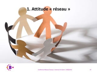 5 règles de base
1. L’attitude « réseau »
2. Le triangle d’or de réseautage
3. Les facteurs « know – like – trust »
4. Le vrai pouvoir d’un réseau se situe dans vos
contacts de 2è degré
5. L’importance des contacts de qualité et diversité
Conférence Réseaux Sociaux | Sciences Po Avenir | 4/06/2013 47
 
