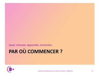 3. Know – like -trust
1. La confiance que vous êtes un expert :
répondre aux questions, flux sur le mur, partage d’informations, …
2. La confiance que vous adoptez un comportement
professionnel : introductions, recommandations, questions, …!
Conférence Réseaux Sociaux | Sciences Po Avenir | 4/06/2013 53
 