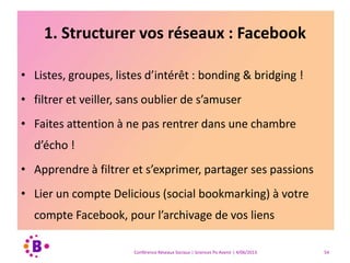 PAR OÙ COMMENCER ?
Jouer, s’amuser, apprendre, construire…
Conférence Réseaux Sociaux | Sciences Po Avenir | 4/06/2013 54
 