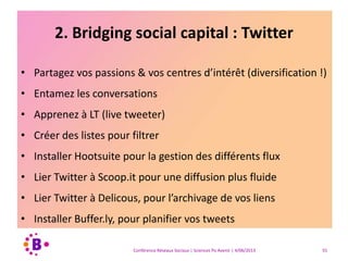1. Structurer vos réseaux : Facebook
• Listes, groupes, listes d’intérêt : bonding & bridging !
• filtrer et veiller, sans oublier de s’amuser
• Faites attention à ne pas rentrer dans une chambre
d’écho !
• Apprendre à filtrer et s’exprimer, partager ses passions
• Lier un compte Delicious (social bookmarking) à votre
compte Facebook, pour l’archivage de vos liens
Conférence Réseaux Sociaux | Sciences Po Avenir | 4/06/2013 55
 