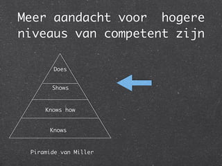 Meer aandacht voor hogere
niveaus van competent zijn
Does
Shows
Knows how
Knows
Piramide van Miller
 