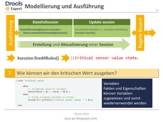 11
java-pe.blogspot.com
05.Juni 2013
Modellierung und AusführungExpert
StatefulKnowledgeSession ksession =
kbase.newStatefulKnowledgeSession();
StatefulSession
Ausführung
Erstellung und Aktualisierung einer Session
SensorValue<Double> v = simulator.nextValue();
ksession.insert(v);
Update session
Regelnfeuern
ksession.fireAllRules()
? Wie können wir den kritischen Wert ausgeben?
Variablen
Fakten und Eigenschaften
können Variablen
zugewiesen und somit
wiederverwendet werden
 