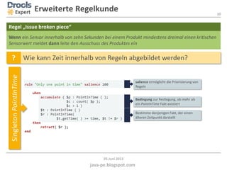 20
java-pe.blogspot.com
05.Juni 2013
Wenn ein Sensor innerhalb von zehn Sekunden bei einem Produkt mindestens dreimal einen kritischen
Sensorwert meldet dann leite den Ausschuss des Produktes ein
Regel „Issue broken piece“
? Wie kann Zeit innerhalb von Regeln abgebildet werden?
SingletonPointInTime
salience ermöglicht die Priorisierung von
Regeln
Bedingung zur Festlegung, ob mehr als
ein PointInTime Fakt existiert
Bestimme denjenigen Fakt, der einen
älteren Zeitpunkt darstellt
Expert Erweiterte Regelkunde
 