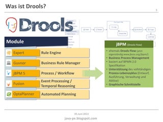 5
java-pe.blogspot.com
05.Juni 2013
Module
Process / Workflow
Business Rule Manager
Rule Engine
Event Processing /
Temporal Reasoning
Automated Planning
Expert
Guvnor
jBPM 5
Fusion
OptaPlanner
Was ist Drools?
• ehemals Drools Flow (jetzt
eigenständig www.jboss.org/jbpm/)
• Business Process Management
• basiert auf BPMN 2.0
Spezifikation
• Unterstützung des vollständigen
Prozess-Lebenszyklus (Entwurf,
Ausführung, Verwaltung und
Ablöse)
• Graphische Schnittstelle
jBPM (Drools Flow)
 