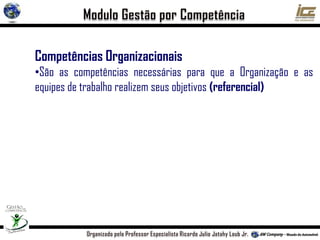 Competências Organizacionais
•São as competências necessárias para que a Organização e as
equipes de trabalho realizem seus objetivos (referencial)
Competências Profissionais
•São as competências necessárias para o exercício de cada cargo,
função ou profissão(referencial)
Competências Pessoais
•São as competências que os funcionários detêm (existente)
 
