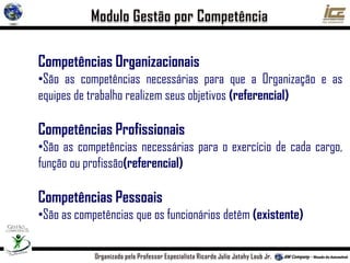 Competências Organizacionais
•São as competências necessárias para que a Organização e as
equipes de trabalho realizem seus objetivos (referencial)
Competências Profissionais
•São as competências necessárias para o exercício de cada cargo,
função ou profissão(referencial)
Competências Pessoais
•São as competências que os funcionários detêm (existente)
 