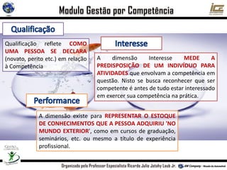 Qualificação reflete COMO
UMA PESSOA SE DECLARA
(novato, perito etc.) em relação
à Competência
A dimensão existe para REPRESENTAR O ESTOQUE
DE CONHECIMENTOS QUE A PESSOA ADQUIRIU 'NO
MUNDO EXTERIOR', como em cursos de graduação,
seminários, etc. ou mesmo a título de experiência
profissional.
A dimensão Interesse MEDE A
PREDISPOSIÇÃO DE UM INDIVÍDUO PARA
ATIVIDADES que envolvam a competência em
questão. Nisto se busca reconhecer que ser
competente é antes de tudo estar interessado
em exercer sua competência na prática.
 