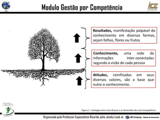 Resultados, manifestação palpável do
conhecimento em diversas formas,
sejam folhas, flores ou frutos
Conhecimento, uma rede de
informações inter-conectadas
segundo a visão de cada pessoa
Atitudes, ramificadas em seus
diversos valores, são a base que
nutre o conhecimento.
Figura 1 - Analogia entre uma Árvore e as dimensões de uma Competência.
 