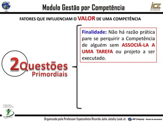 FATORES QUE INFLUENCIAM O VALOR DE UMA COMPETÊNCIA
Finalidade: Não há razão prática
pare se perquirir a Competência
de alguém sem ASSOCIÁ-LA A
UMA TAREFA ou projeto a ser
executado.
 