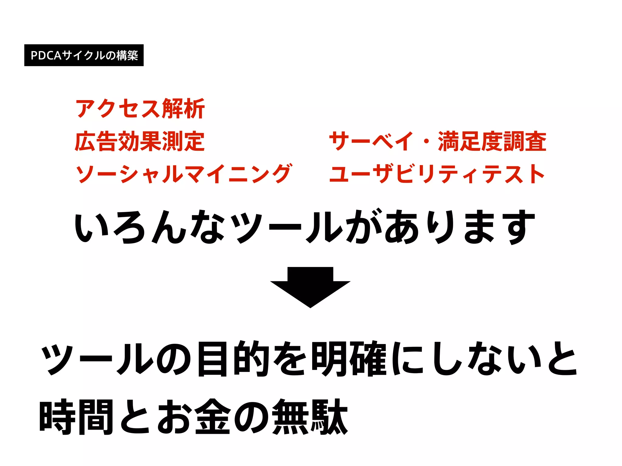 PDCAサイクルの構築
アクセス解析
広告効果測定
ソーシャルマイニング
サーベイ・満足度調査
ユーザビリティテスト
ツールの目的を明確にしないと
時間とお金の無駄
いろんなツールがあります
 
