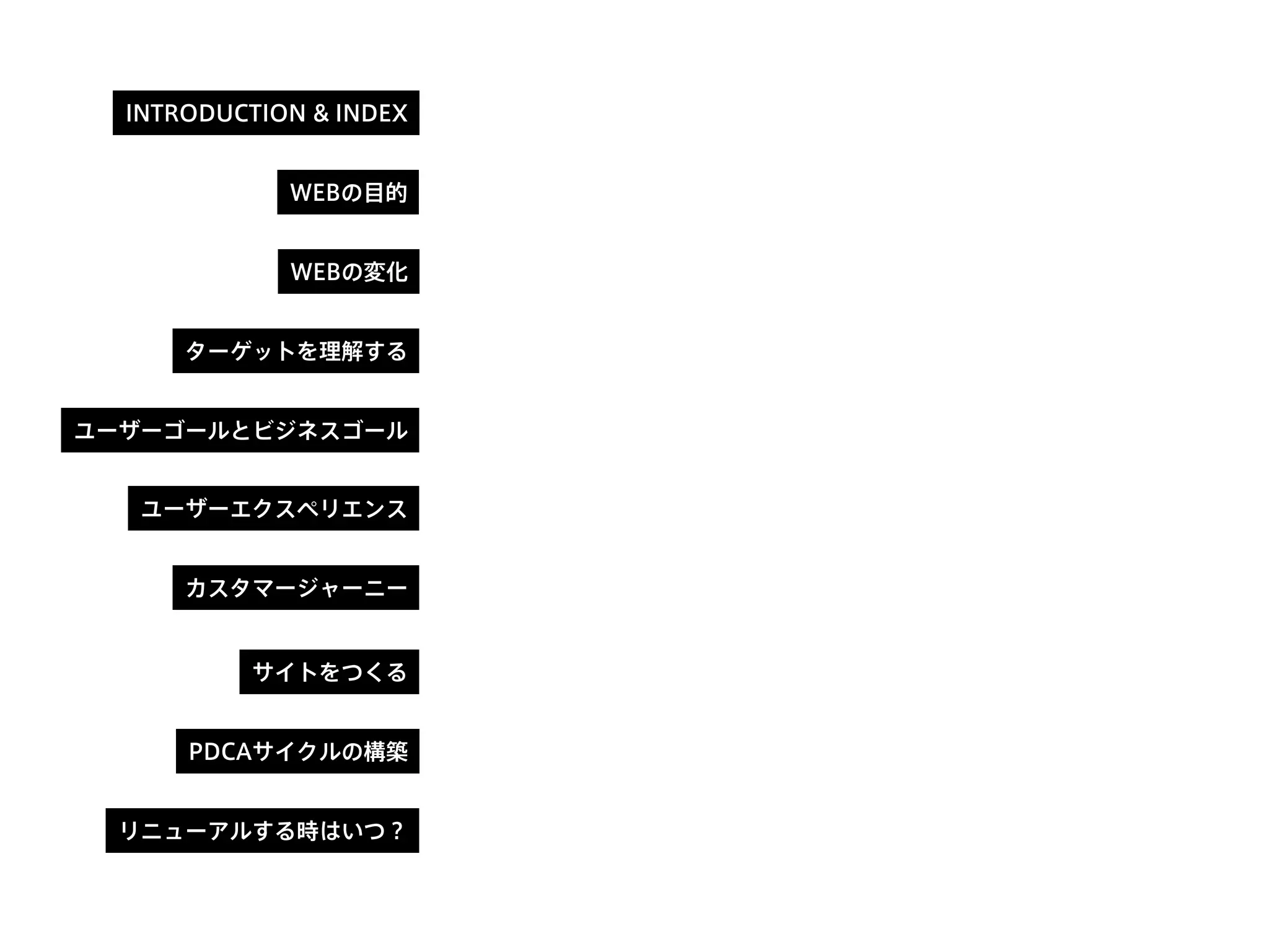 INTRODUCTION & INDEX
WEBの目的
WEBの変化
ターゲットを理解する
ユーザーゴールとビジネスゴール
カスタマージャーニー
サイトをつくる
PDCAサイクルの構築
リニューアルする時はいつ？
ユーザーエクスペリエンス
 