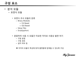 구성 요소
• 분석 모듈
– 포렌식 모듈
• 포렌식 조사 모듈의 분류
– Binary Modules
» CLI Based
» GUI Based
– Setup Files
– Script(python)
• 혼용하여 사용 시 모듈간 미묘한 차이로 사용상 불편 야기
– 구동 방법
– 구동 경로
– 설치 여부 등
 각각의 모듈이 특성에 맞게 플랫폼에 탑재될 수 있도록 구성
 