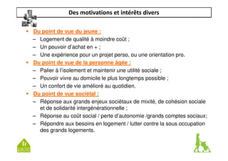 Des motivations et intérêts divers 
 Du point de vue du jeune : 
– Logement de qualité à moindre coût ; 
– Un pouvoir d’achat en + ; 
– Une expérience pour un projet perso, ou une orientation pro. 
 Du point de vue de la personne âgée : 
– Palier à l’isolement et maintenir une utilité sociale ; 
– Pouvoir vivre au domicile le plus longtemps possible ; 
– Un confort de vie amélioré au quotidien. 
 Du point de vue sociétal : 
– Réponse aux grands enjeux sociétaux de mixité, de cohésion sociale 
et de solidarité intergénérationnelle ; 
– Réponse au coût social / perte d’autonomie /grands comptes sociaux; 
– Répondre aux besoins en logement / lutter contre la sous occupation 
des grands logements. 
 
