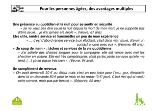 Pour les personnes âgées, des avantages multiples 
Une présence au quotidien et la nuit pour se sentir en sécurité 
« Je ne veux pas être seule la nuit depuis la mort de mon mari, je ne supporte pas 
d'être seule… je n'ai jamais été seule ». (Veuve, 87 ans). 
Etre utile, rendre service et transmettre un peu de mon expérience 
« … c’est d’abord rendre service à un étudiant, c’est dans ma nature, d’avoir un 
contact encore avec eux ». (Femme, 68 ans). 
« Un coup de main » : tâches et services de la vie quotidienne 
« J’ai acheté des chaises longues pour la campagne, elle est venue avec moi les 
chercher en voiture. Elle est très complaisante, c’est ça les petits services qu’elle me 
rend. (…) ça se passe très bien ». (Veuve, 84 ans). 
Un complément de revenus 
« On avait demandé 30 € au début mais c’est un peu juste pour l’eau, gaz, électricité 
donc là on demande 50 € pour le mois et les repas (3 €/ jour). C’est moi qui ai voulu 
cette somme, mais pas par besoin ». (Séparée, 68 ans). 
 