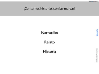 Narración

@TransSocialTV

#SocialTV

¡Contemos historias con las marcas!

Historia

@EduardoPradanos

Relato

 