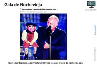 Gala de Nochevieja

@EduardoPradanos

#TransSocialTV

@TransSocialTV

http://eduardopradanos.com/2013/01/01/y-los-mejores-tweets-de-nochevieja-son/

 