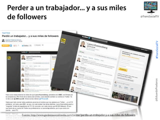@TransSocialTV

@EduardoPradanos

#TransSocialTV

Perder a un trabajador... y a sus miles
de followers

Fuente: http://www.genbetasocialmedia.com/twitter/perdio-un-trabajador-y-a-sus-miles-de-followers

 