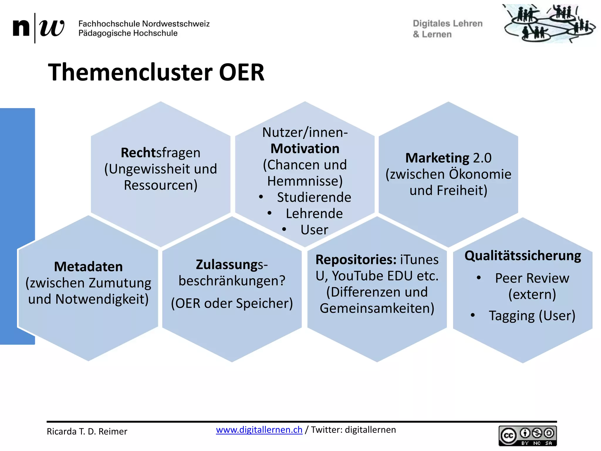 www.digitallernen.ch / Twitter: digitallernenRicarda T. D. Reimer 12.06.2013
Themencluster OER
Nutzer/innen-
Motivation
(Chancen und
Hemmnisse)
• Studierende
• Lehrende
• User
Marketing 2.0
(zwischen Ökonomie
und Freiheit)
Rechtsfragen
(Ungewissheit und
Ressourcen)
Metadaten
(zwischen Zumutung
und Notwendigkeit)
Zulassungs-
beschränkungen?
(OER oder Speicher)
Repositories: iTunes
U, YouTube EDU etc.
(Differenzen und
Gemeinsamkeiten)
Qualitätssicherung
• Peer Review
(extern)
• Tagging (User)
 