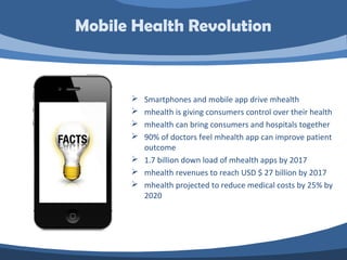  Smartphones and mobile app drive mhealth
 mhealth is giving consumers control over their health
 mhealth can bring consumers and hospitals together
 90% of doctors feel mhealth app can improve patient
outcome
 1.7 billion down load of mhealth apps by 2017
 mhealth revenues to reach USD $ 27 billion by 2017
 mhealth projected to reduce medical costs by 25% by
2020
Mobile Health Revolution
 